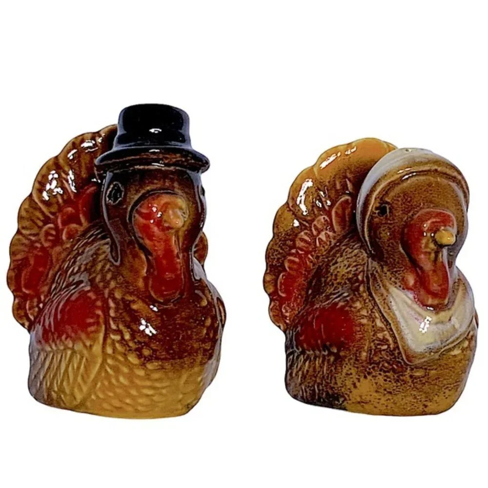 Thanksgiving Harvest Turkey Salt and Pepper Shaker Ceramic Set Rustic Fall Color